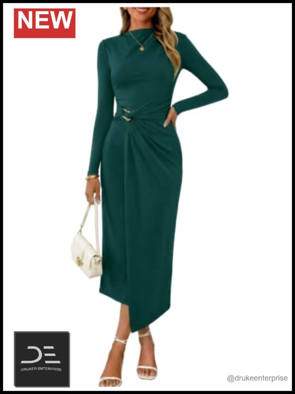Women's Mock Neck Ribbed Knit Ruched Bodycon Midi Dress